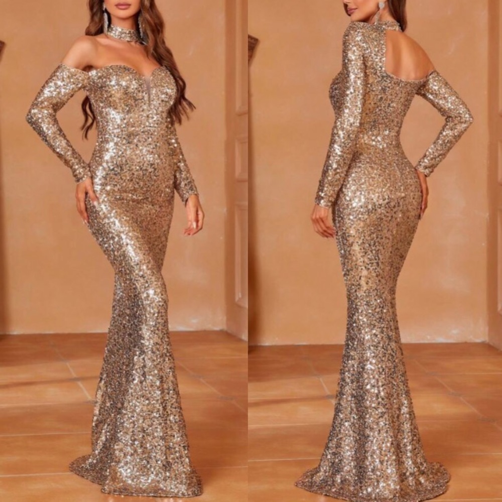 Luxe gol asymmetrical neck sequins party formal evening cocktail dress